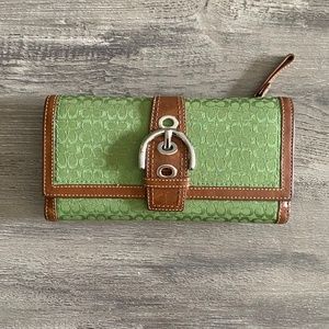 Coach Soho Signature Mini C Trifold Green Jacquard Dark Leather Checkbook Wallet